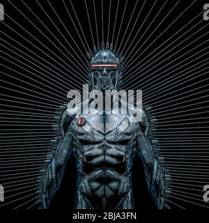 Datenverbindung erreicht / 3D-Illustration von Science Fiction Künstliche Intelligenz Roboter trägt futuristische Brille mit Drähten verbunden Stockfoto