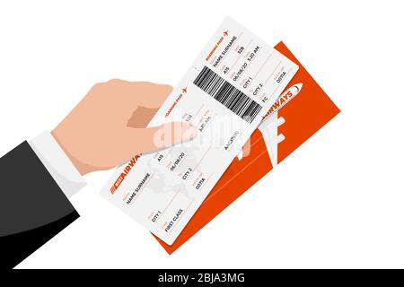 Businessman Hand hält Flugticket Bordkarte. Flugreisen und avia Tourismus Dokument Konzept flache Vektor Illustration Stock Vektor