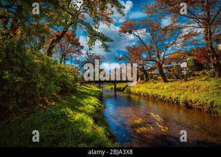 Landschaftsbild von Mt. Fuji über Kanal mit Herbstlaub tagsüber im Minamitsuru District, Präfektur Yamanashi, Japan. Stockfoto