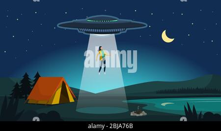 Entführung durch Außerirdische: ufo entführt eine Frau in der Nacht mit einem Laserstrahl, Außerirdische und Mysterienkonzept Stock Vektor
