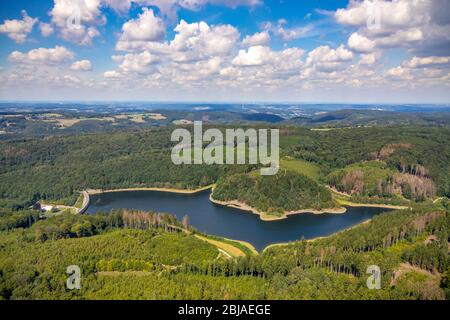 Hasper-Speicher mit niedrigem Wasserstand, 08/14/2019, Luftaufnahme, Deutschland, Nordrhein-Westfalen, Ruhrgebiet, Hagen Stockfoto