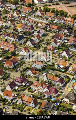 Alter Bergarbeiterbezirk, denkmalgeschütztes Arbeitergut, 08/08, 2019, Luftaufnahme, Deutschland, Nordrhein-Westfalen, Ruhrgebiet, Kamp-Lintfort Stockfoto