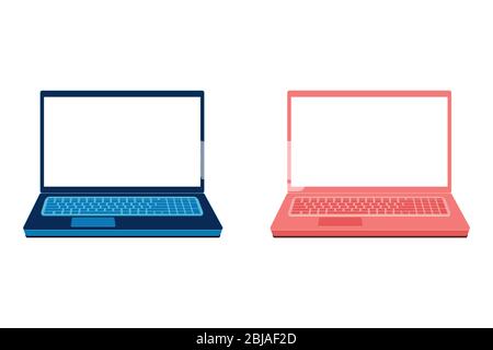 Moderne Business-Vorlage mit Laptop blau, rosa auf weißem Hintergrund. Vektor-Modell isoliert. Arbeitsplatz im Home Office. Freiberuflich. Weißer Bildschirm. Sozial Stock Vektor