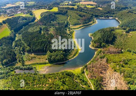 Hasper-Speicher mit niedrigem Wasserstand, 08/14/2019, Luftaufnahme, Deutschland, Nordrhein-Westfalen, Ruhrgebiet, Hagen Stockfoto