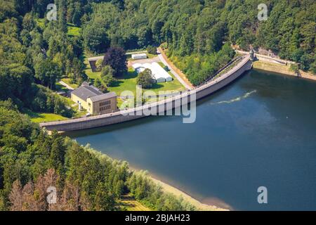 Hasper-Speicher mit niedrigem Wasserstand, 08/14/2019, Luftaufnahme, Deutschland, Nordrhein-Westfalen, Ruhrgebiet, Hagen Stockfoto