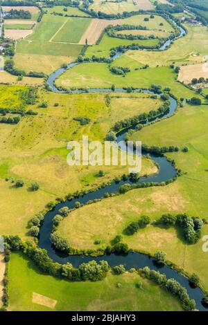 Fluss Lippe bei Heil, 20.08.2019, Luftaufnahme, Deutschland, Nordrhein-Westfalen, Ruhrgebiet, Bergkamen Stockfoto