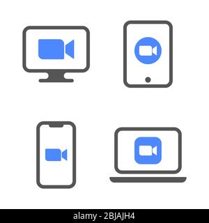 Blaue Kamera-Symbole - Live-Media-Streaming-Anwendung für das Telefon, Laptop, Desktop-und Tablet-pc-Konferenz Videoanrufe. EPS 10 Stock Vektor