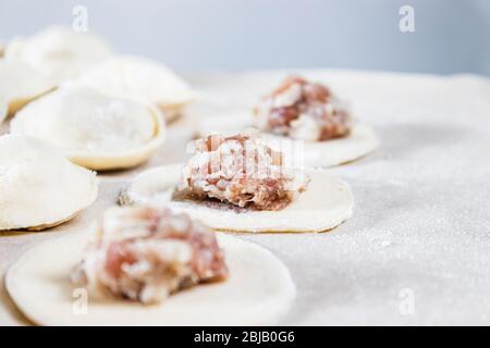Der Prozess der Herstellung von hausgemachten Knödeln. Hackfleisch auf dem Teig, der Prozess der Herstellung von hausgemachten Knödel. Russisches Essen. Stockfoto
