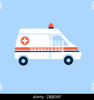 Moderne Vektor-Illustration in flachen Cartoon-Stil isoliert auf einem blauen Hintergrund. Weißer Krankenwagen mit roter Sirene Licht. Medizinisches Fahrzeug. Notfall Stock Vektor