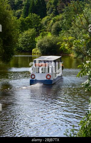 Ausflugsboot Sabrina, das langsam am Fluss Severn in Shrewsbury entlang fährt. Stockfoto