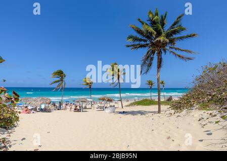 Menschen genießen tropischen Strand und Meer in Playas del Este, Sandstrand mit Palmen und kristallklarem Wasser östlich von Havanna. Santa Maria del Mar, Kuba. Stockfoto