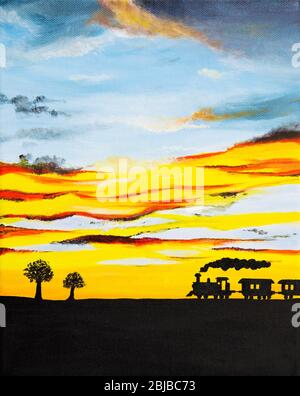 Original Acrylgemälde von Dampf angetrieben Zug Silhouette und schönen Sonnenuntergang auf Leinwand.Modern Impressionismus Stockfoto