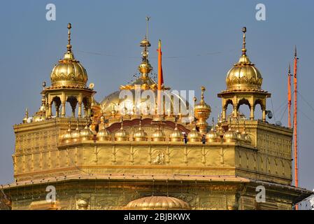 24-Karat Gold gewölbte Dach des Goldenen Tempels (Harmandir Sahib), das spirituelle Zentrum der Sikh Religion, Amritsar, Punjab, Indien, Asien. Stockfoto