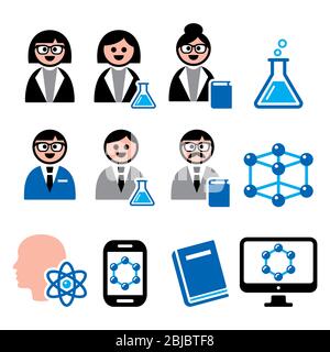 Wissenschaftler Frau und Mann, Wissenschaft Menschen Vektor-Icons Set - Bildung, Wissen Konzept, Menschen in der Wissenschaft, Bildung, Studie Farbgestaltung Set Stock Vektor
