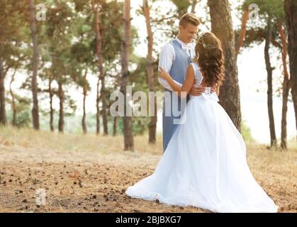 Schönes Hochzeitspaar in Nadelwald in der Nähe des Flusses Stockfoto