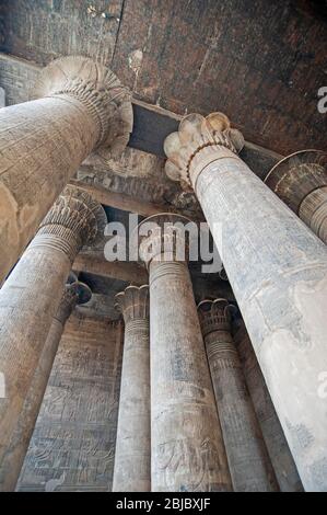 Hieroglypische Schnitzereien auf Säulen am alten ägyptischen Tempel von Khnum in Esna Stockfoto