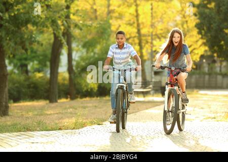 Freunde fahren Fahrräder im Park an sonnigen Tag Stockfoto