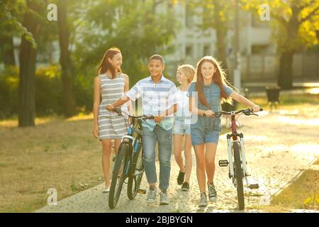Freunde mit Fahrrädern, die an sonnigen Tagen im Park spazieren Stockfoto