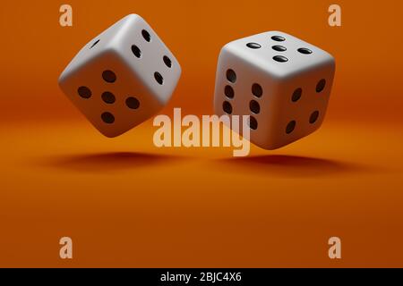 3D-Darstellung von Würfel in der Luft für Casino oder Brettspiel auf sauberen isolierten Hintergrund Stockfoto