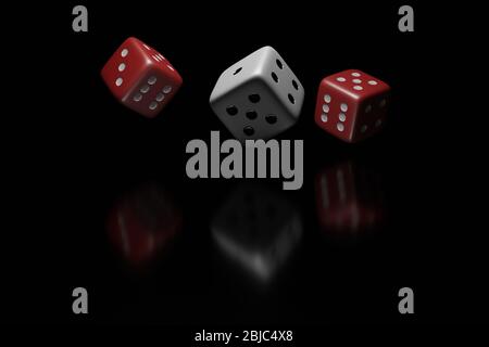3D-Darstellung von Würfel in der Luft für Casino oder Brettspiel auf sauberen isolierten Hintergrund Stockfoto
