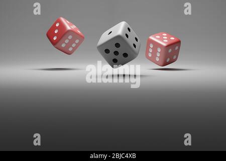3D-Darstellung von Würfel in der Luft für Casino oder Brettspiel auf sauberen isolierten Hintergrund Stockfoto
