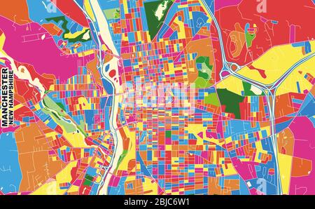 Bunte Vektorkarte von Manchester, New Hampshire, USA. Art Map Vorlage für selbstdruckende Wandkunst im Querformat. Stock Vektor