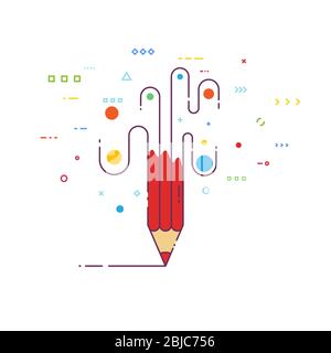 Abstrakter roter Bleistift mit Linien und Punkten. Kreativität und Ideen Konzept. Grafiker oder Schreibbild. Vektorgrafik im Linienstil. Kreativität und Stock Vektor