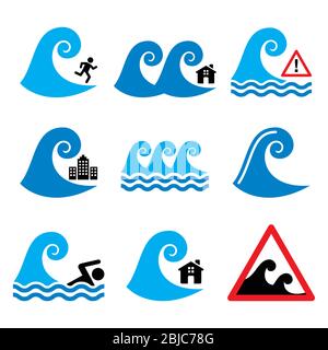 Tsunami, große Welle Warnung, Naturkatastrophen Symbole gesetzt - globale Warnung, Natur Konzept, Vektor-Farbe Symbole gesetzt - Wellen, Tsunami, großes Wasser isoliert o Stock Vektor