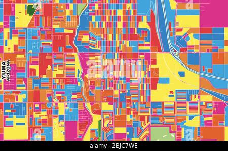 Bunte Vektorkarte von Yuma, Arizona, USA. Art Map Vorlage für selbstdruckende Wandkunst im Querformat. Stock Vektor