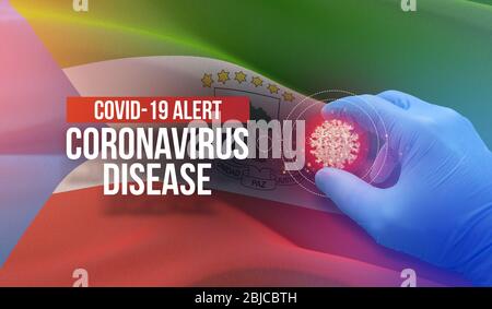 COVID-19 Alarm, Coronavirus Krankheit - Buchstaben Typografie Text. Medizinisches Virus-Molekularkonzept mit Flagge Äquatorialguineas. 3D-Darstellung der Pandemie Stockfoto