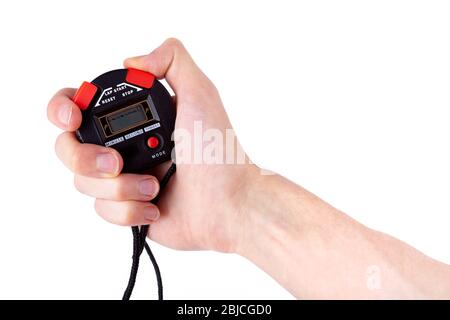 Professionelle schwarze rote Sport digitale Stoppuhr in der Hand, Finger drücken die Start-Taste, Mann hält einen einfachen elektronischen Timer, Zeitmessung Stockfoto