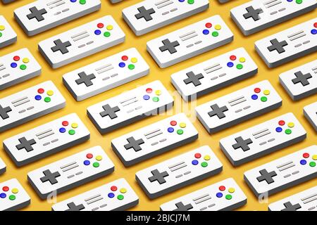 Einfache organisierte Retro-Konsole Spiel Controller gamepads repetitive Array Muster, Gruppe abstrakten Hintergrund, isometrische Draufsicht. Vintage-Gaming Stockfoto