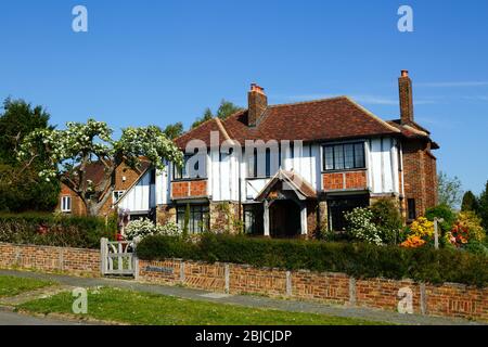 Modernes Einfamilienhaus im Tudor-Stil im gehobenen Wohngebiet im Frühling, Bidborough Ridge, Kent, England Stockfoto