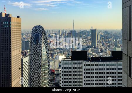 TOKIO, JAPAN - JANUAR 16 2019: Eine hohe Sicht auf Tokio vom Observatoriumdeck, Tokyo Metropolitan Government Building, Shinjuku District High view, T Stockfoto