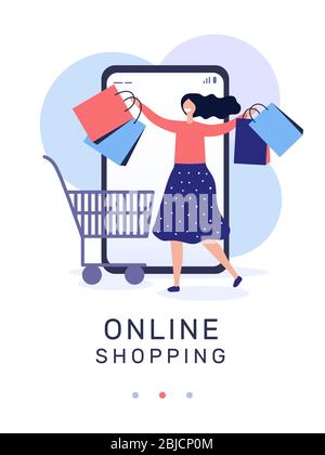 Frau mit Paketen und Inschrift Online-Shopping Vektor-Illustration Stock Vektor