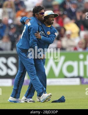 CHESTER LE STREET, ENGLAND - Sachithra Senanayake und Lasith Malinga aus Sri Lanka feiern am Sonntag, 25. Mai 2014, im Emirates Riverside, Chester le Street, ein Wicket während der 2. ODI zwischen England und Sri Lanka. Stockfoto