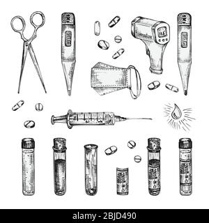 Set von Tinte Skizze medizinische Ikone Maske, Pillen, Spritzen, Injektionen, Medikamente, Thermometer, Desinfektionsmittel, Schere auf weißem Hintergrund isoliert, Medizin-Werkzeuge Stock Vektor