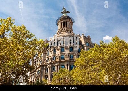 Barcelona, Spanien - 19. September 2014: La Union y el Fenix Espanol Gebäude am Passeig de Gracia im Stadtteil Eixample in Barcelona, Spanien. Stockfoto