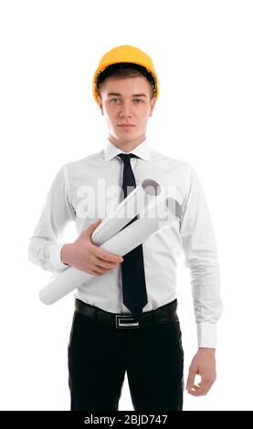 Schöner junger Mann mit Hardhat und Zeichnungen auf weißem Hintergrund Stockfoto