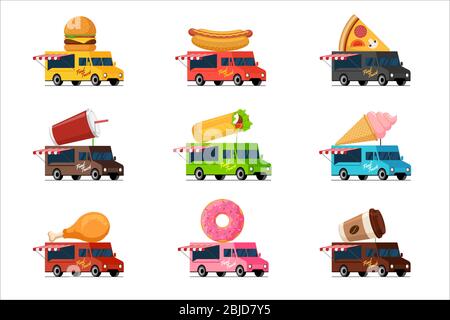 Fastfood-Truck-Set. Burger Hot Dog Pizza Getränk Milkshake Shawarma Kebab Eis gebratenes Huhn Donut Kaffee auf van Dach Sammlung. Straße Café Lieferung Räder Service flach Vektor Illustration Stock Vektor