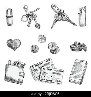 Set von Tinte Skizze Finanzen Symbole Geld, Münzen, Brieftasche, Kreditkarten, Herz, Schlüssel, Lippenstift, leichter isoliert auf weißem Hintergrund, Finanzmärkte Stock Vektor