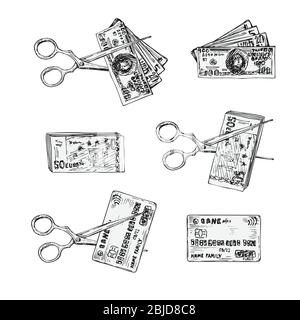Set von Tinte Skizze Finanzen Icons Geld, Kreditkarten, Schere schneiden Dollar und Euro, isoliert auf weißem Hintergrund, Finanzmärkte Design-Konzept Stock Vektor