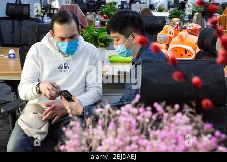 (200429) -- PEKING, 29. April 2020 (Xinhua) -- Sergio Silva (L) erkundigt sich bei einem Mitarbeiter nach technischen Informationen zum Betrieb der Social-Media-Plattform am Hauptsitz von Kwai in Peking, der Hauptstadt Chinas, am 24. April 2020. Sergio Silva, 42, ist ein erfahrener Kampfkunstlehrer, professioneller Designer und noch nicht dahergewachsener Regisseur und beschreibt sich jetzt als Kämpfer gegen die Novelpandemie des Coronavirus. Silva machte und postete eine Reihe von Videos auf Social Media Plattformen, jubelte für die Menschen in der virenheimgezeichneten chinesischen Stadt Wuhan und erzählte von seiner Erfahrung mit dem Heimatquar aus erster Hand Stockfoto