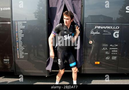 11.07.2013 Fougeres, Frankreich. Geraint Thomas (Sky) in Fougeres vor Etappe 12 der Tour De France Fougeres nach Tours. Stockfoto