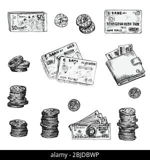 Set von Tinte Skizze Finanzen Icons Geld, Münzen, Brieftasche, Kreditkarten, Schere isoliert auf weißem Hintergrund, Finanzmärkte Design-Konzept Vintage Stock Vektor