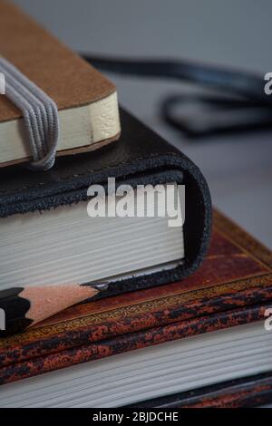Tagebuch oder Notizblock mit Bleistift, Haus oder Büro-Journal, Selbstverbesserung Schreiben oder Zeichnen, Nahaufnahme. Stockfoto