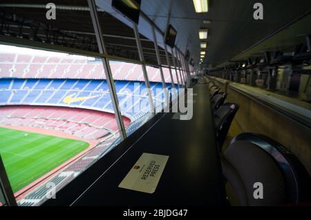 Barcelona, Spanien - 22. September 2014: Presseplätze im Nou Camp Stadion. Barcelona, Katalonien, Spanien. Stockfoto