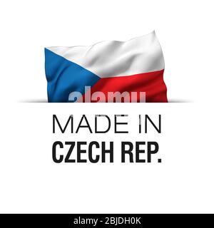 Made in Czech Republic - Garantieetikett mit schwenkender tschechischer Flagge. Stockfoto