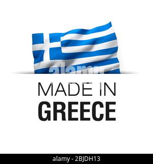 Made in Greece - Garantieetikett mit winkender griechischer Flagge. Stockfoto