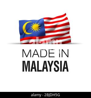 Made in Malaysia - Garantie-Label mit einer winkenden malaysischen Flagge. Stockfoto